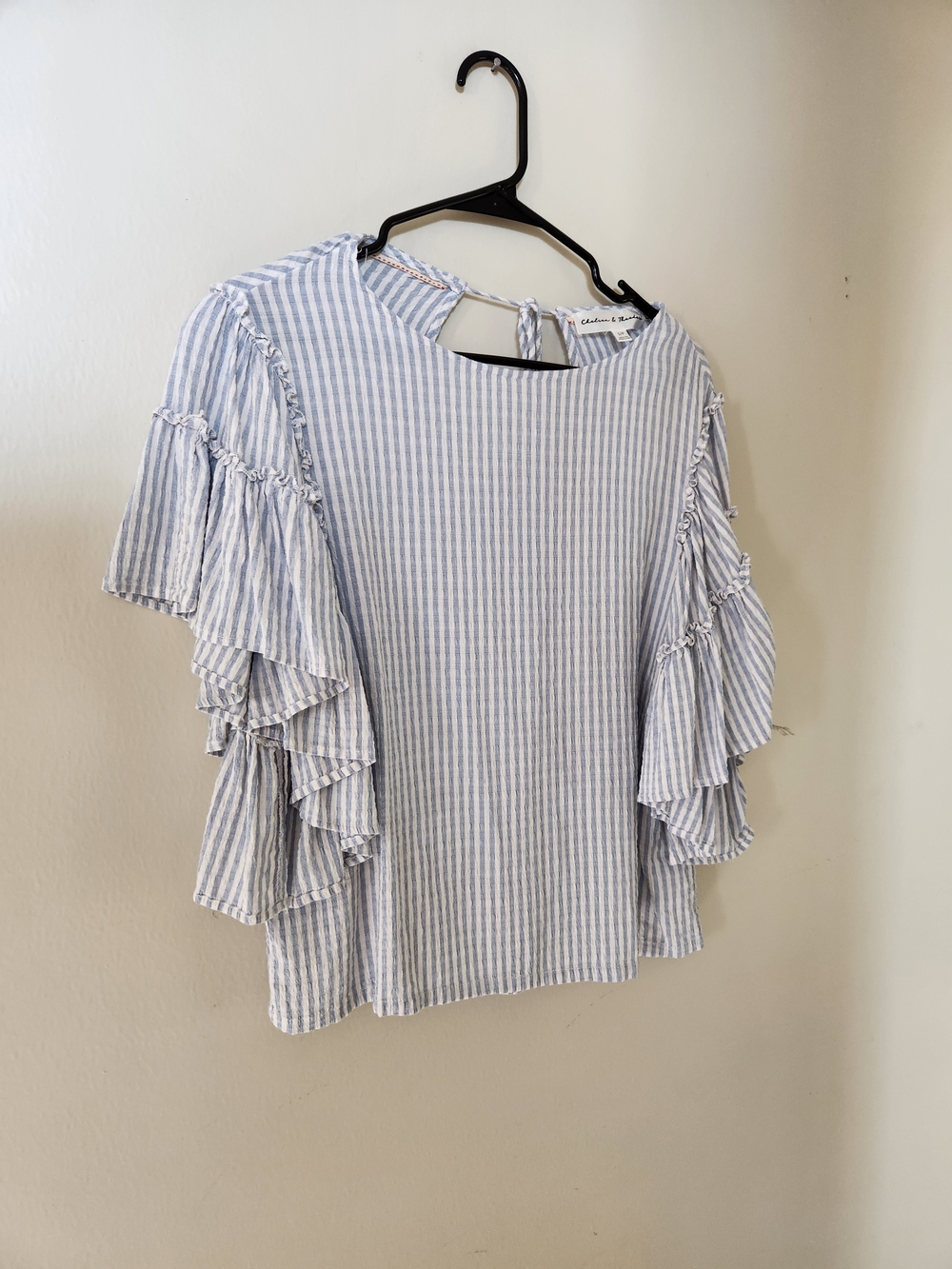 Chelsea & Theodore Light Blue & White Striped Ruffle Sleeve Blouse